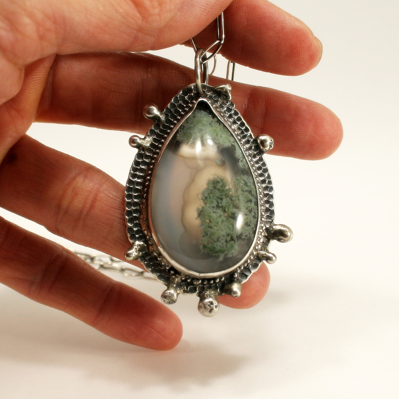 Sterling Silver & Pale Green Moss Agate Necklace Pendant by JIHI Designs