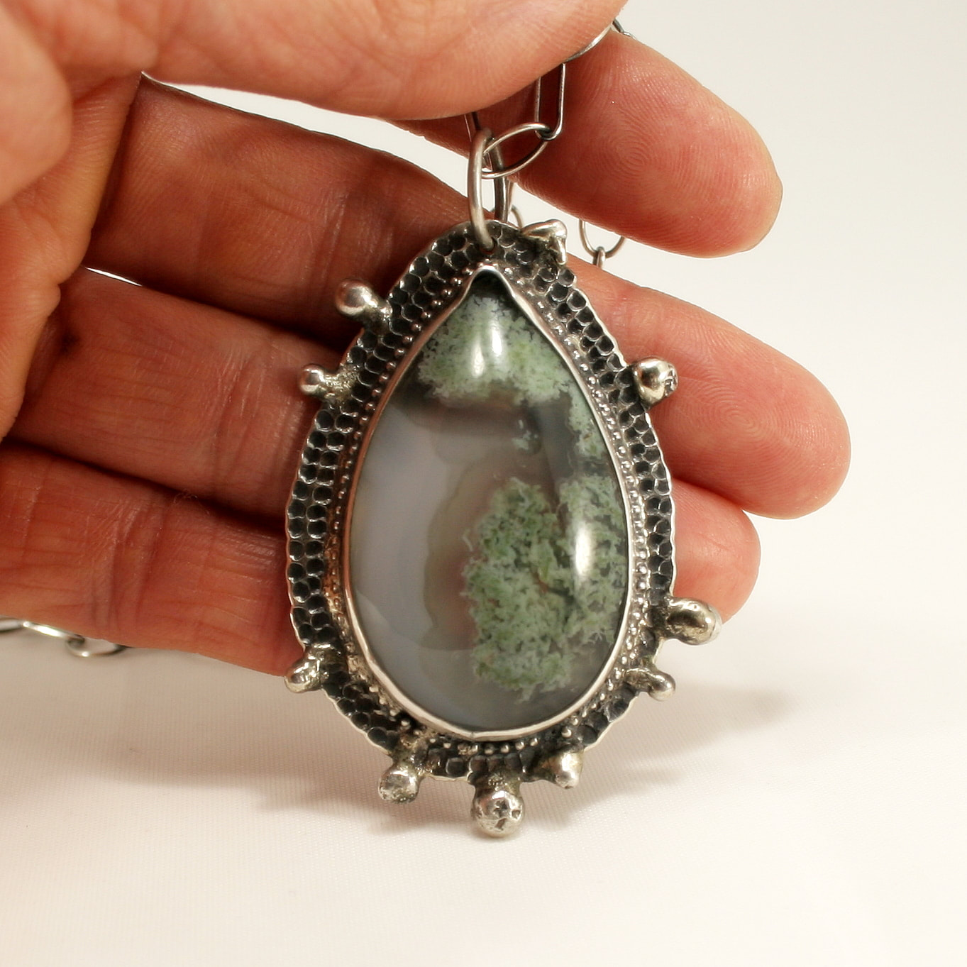 Sterling Silver & Pale Green Moss Agate Necklace Pendant by JIHI Designs